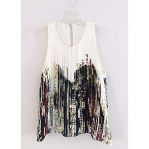Anthropologie | Floreat Pleated Print Top Size 6 Beige Sequins Sleeveless